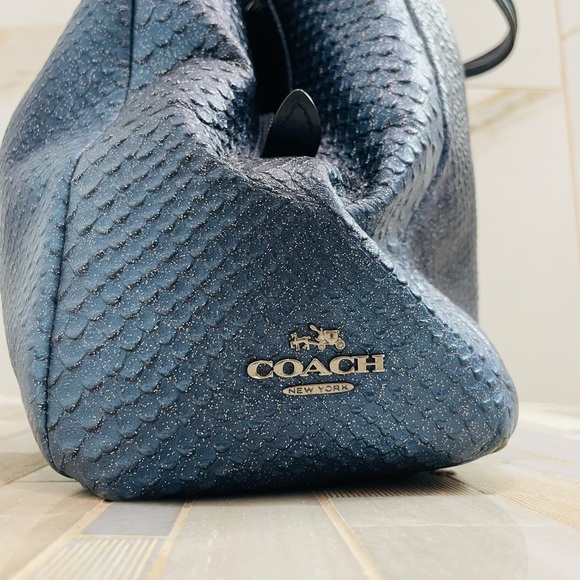 Coach Navy Blue Iridescent Python Embossed Leather Tote F36627 - Picture 3 of 16